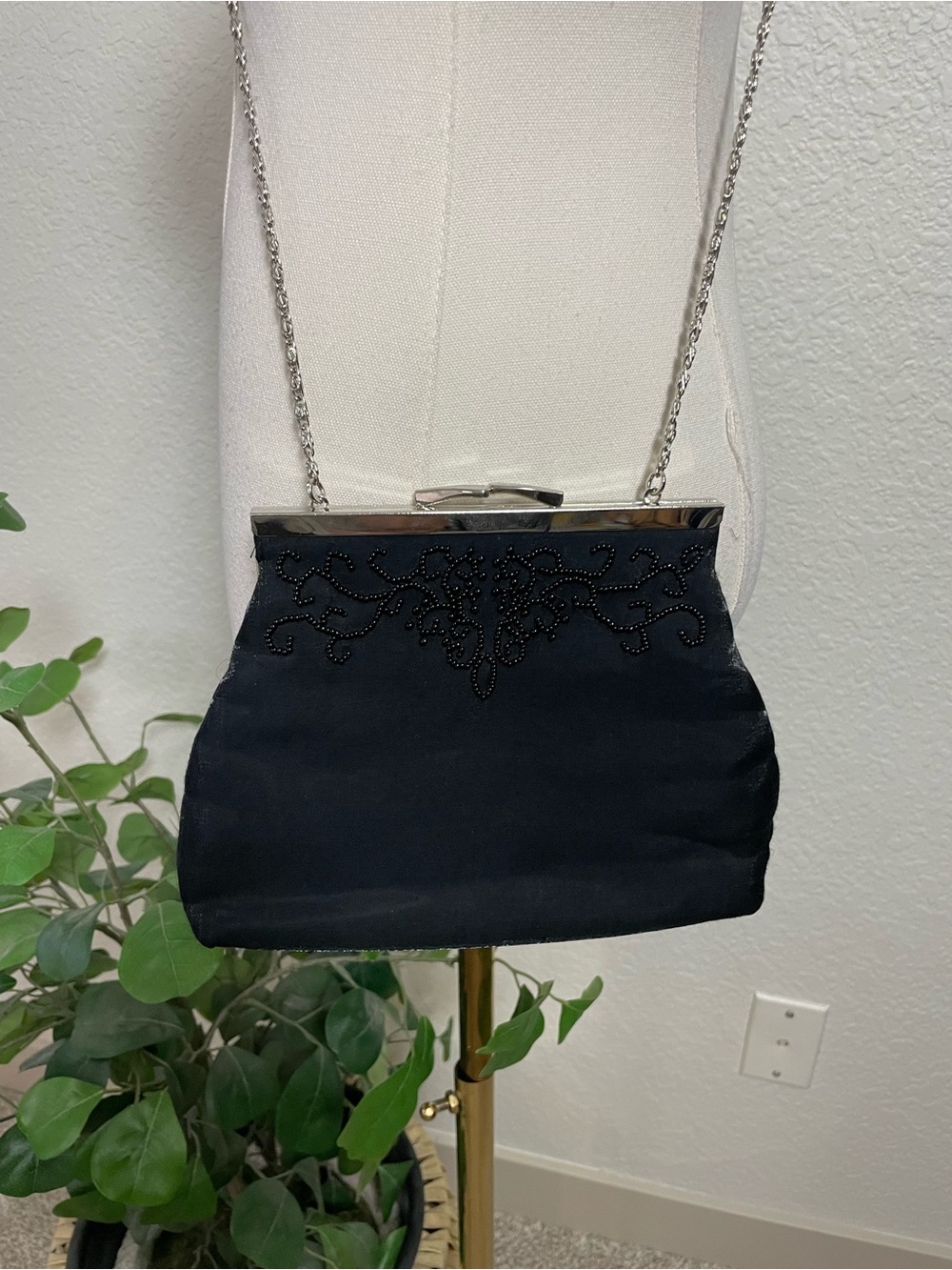 Hillard & Hanson Black Satin Beaded Evening Bag Chain Strap Clutch Purse